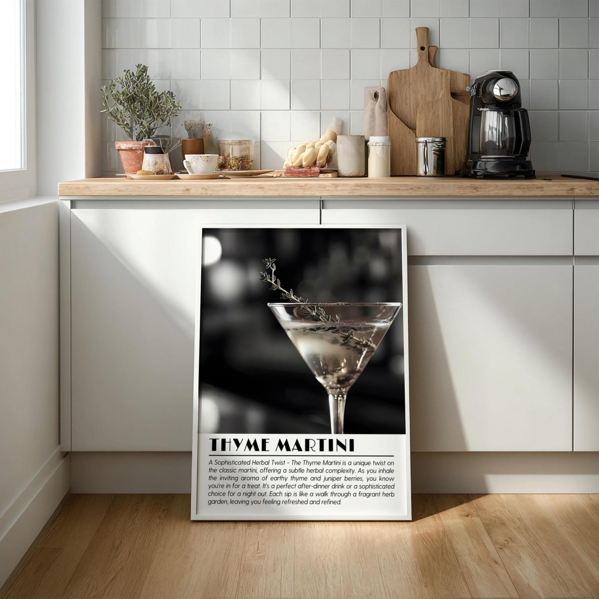 Thyme Martini Botanical Black & White Poster | Minimalist Cocktail Wall Art | Modern Bar Decor | Elegant Drink Print | Kitchen Art
