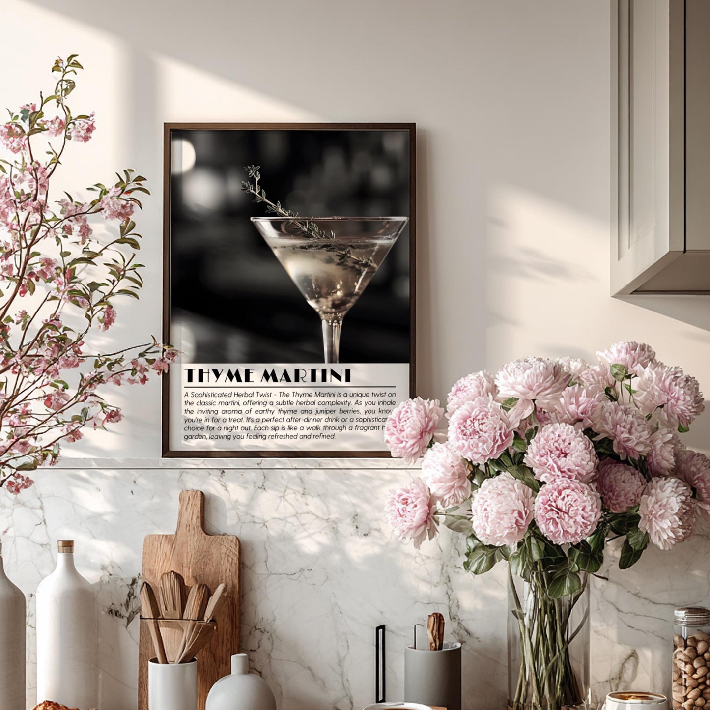 Thyme Martini Botanical Black & White Poster | Minimalist Cocktail Wall Art | Modern Bar Decor | Elegant Drink Print | Kitchen Art