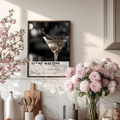 Thyme Martini Botanical Black & White Poster | Minimalist Cocktail Wall Art | Modern Bar Decor | Elegant Drink Print | Kitchen Art