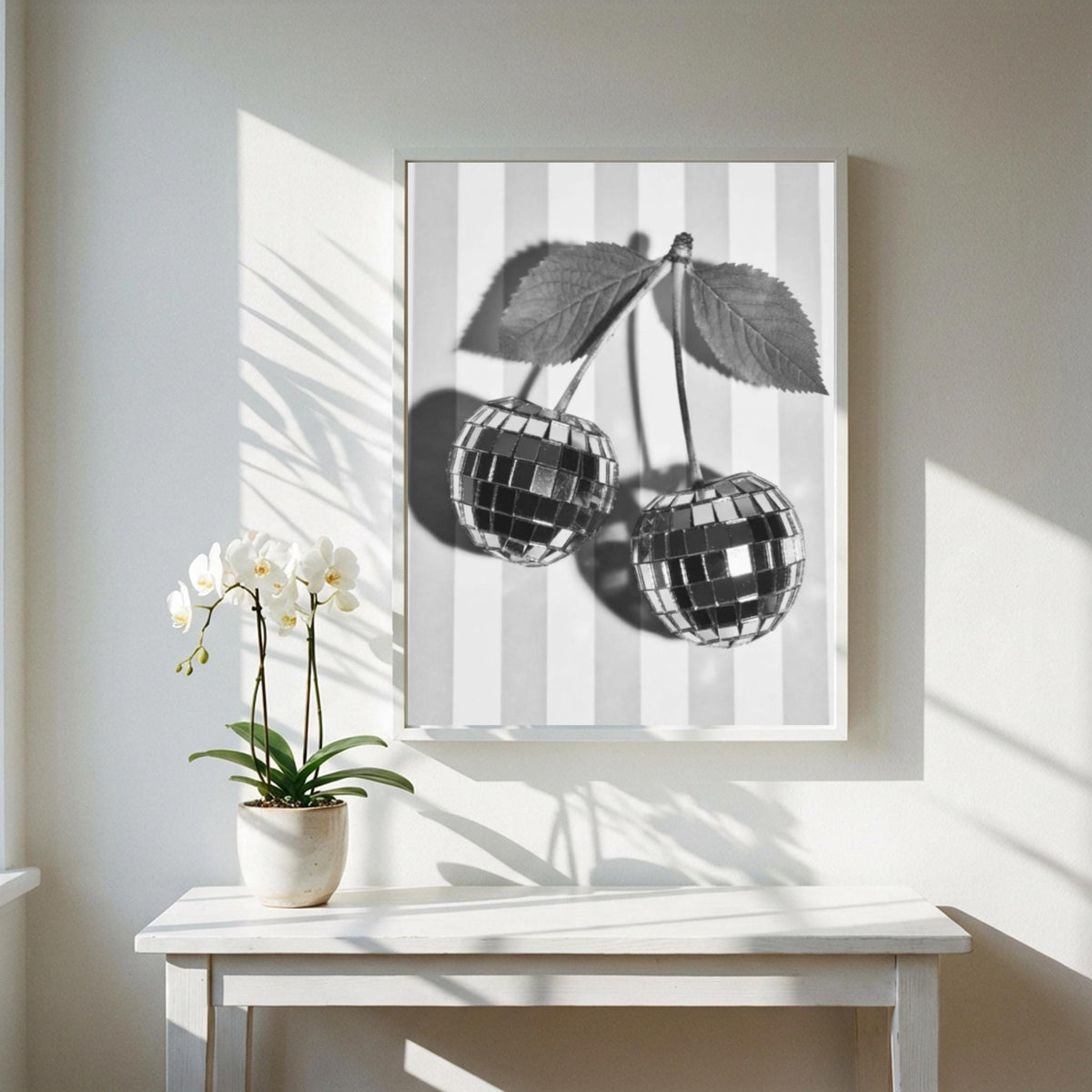 Disco Cherries Black & White Poster | Minimalist Retro Wall Art | Modern Pop Decor | Funky Fruit Print