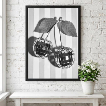 Disco Cherries Black & White Poster | Minimalist Retro Wall Art | Modern Pop Decor | Funky Fruit Print