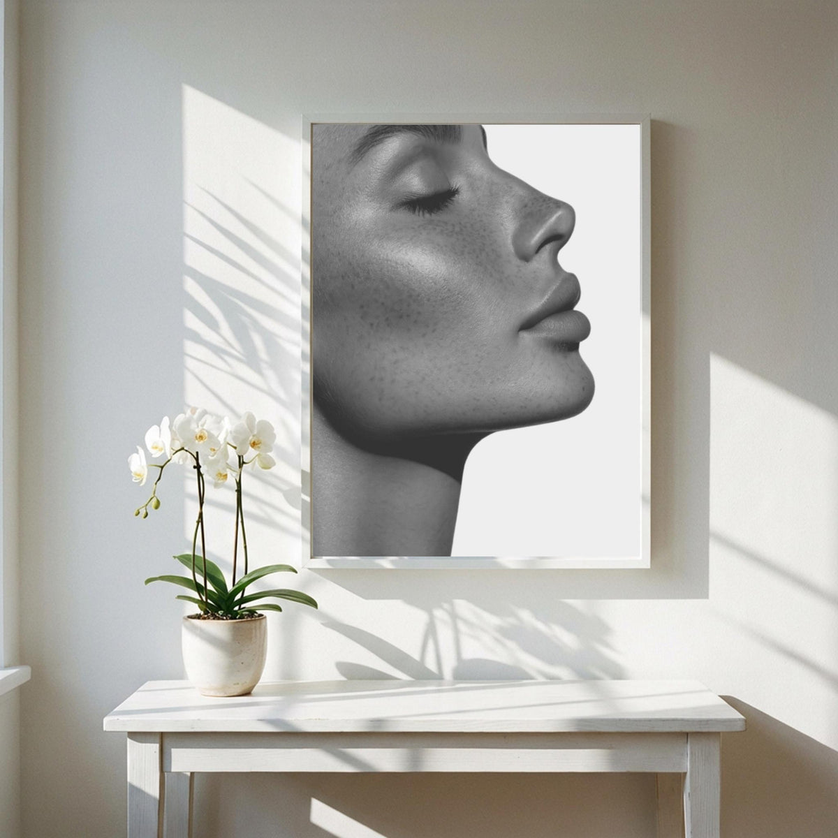 Freckled Grace Black & White Minimalist Portrait Wall Art | Modern Elegant Beauty Decor | Aesthetic Poster Print