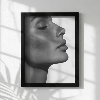 Freckled Grace Black & White Minimalist Portrait Wall Art | Modern Elegant Beauty Decor | Aesthetic Poster Print