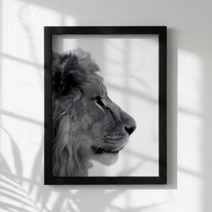 Lion’s Gaze Black & White Minimalist Wildlife Wall Art | Modern Animal Portrait Decor | Powerful Safari Poster Print