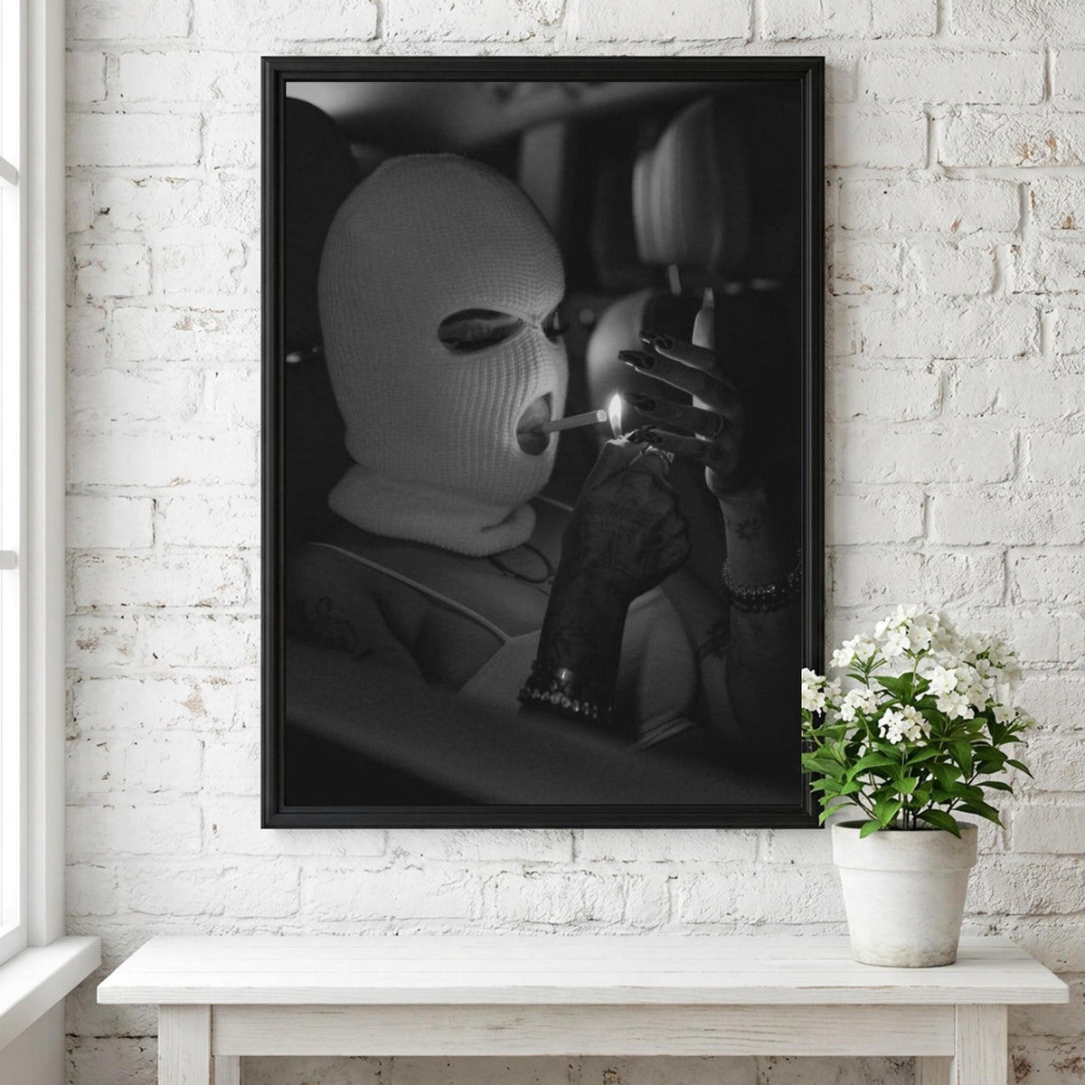 Masked Smoke Black & White Minimalist Portrait Wall Art | Modern Mysterious Aesthetic Decor | Dark Character Poster Print