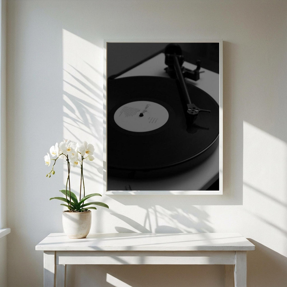 Midnight Vinyl Black & White Minimalist Music Wall Art | Modern Retro Audio Decor | Aesthetic Record Player Poster Print