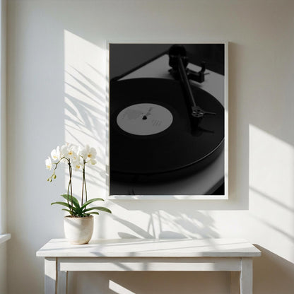 Midnight Vinyl Black & White Minimalist Music Wall Art | Modern Retro Audio Decor | Aesthetic Record Player Poster Print