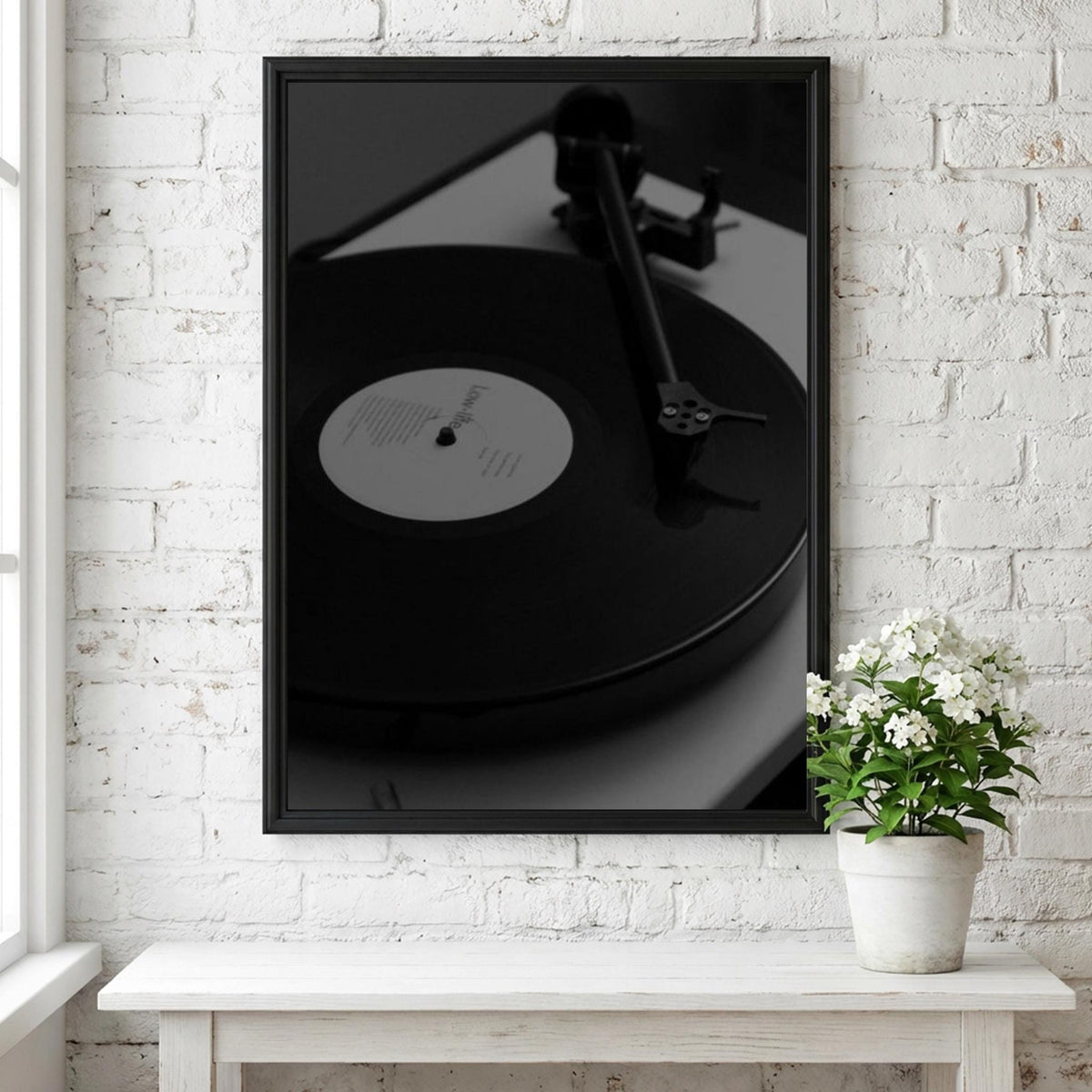 Midnight Vinyl Black & White Minimalist Music Wall Art | Modern Retro Audio Decor | Aesthetic Record Player Poster Print