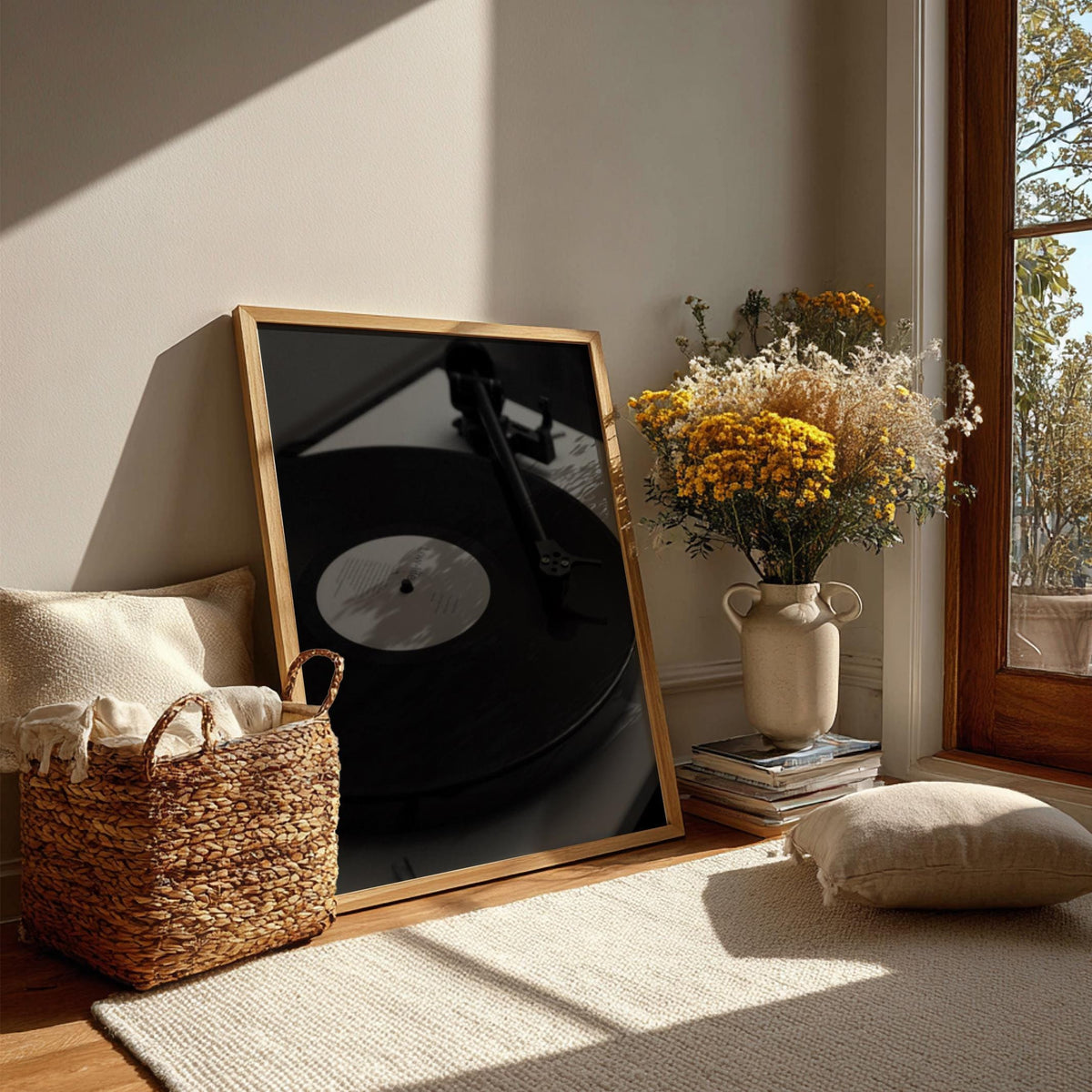 Midnight Vinyl Black & White Minimalist Music Wall Art | Modern Retro Audio Decor | Aesthetic Record Player Poster Print