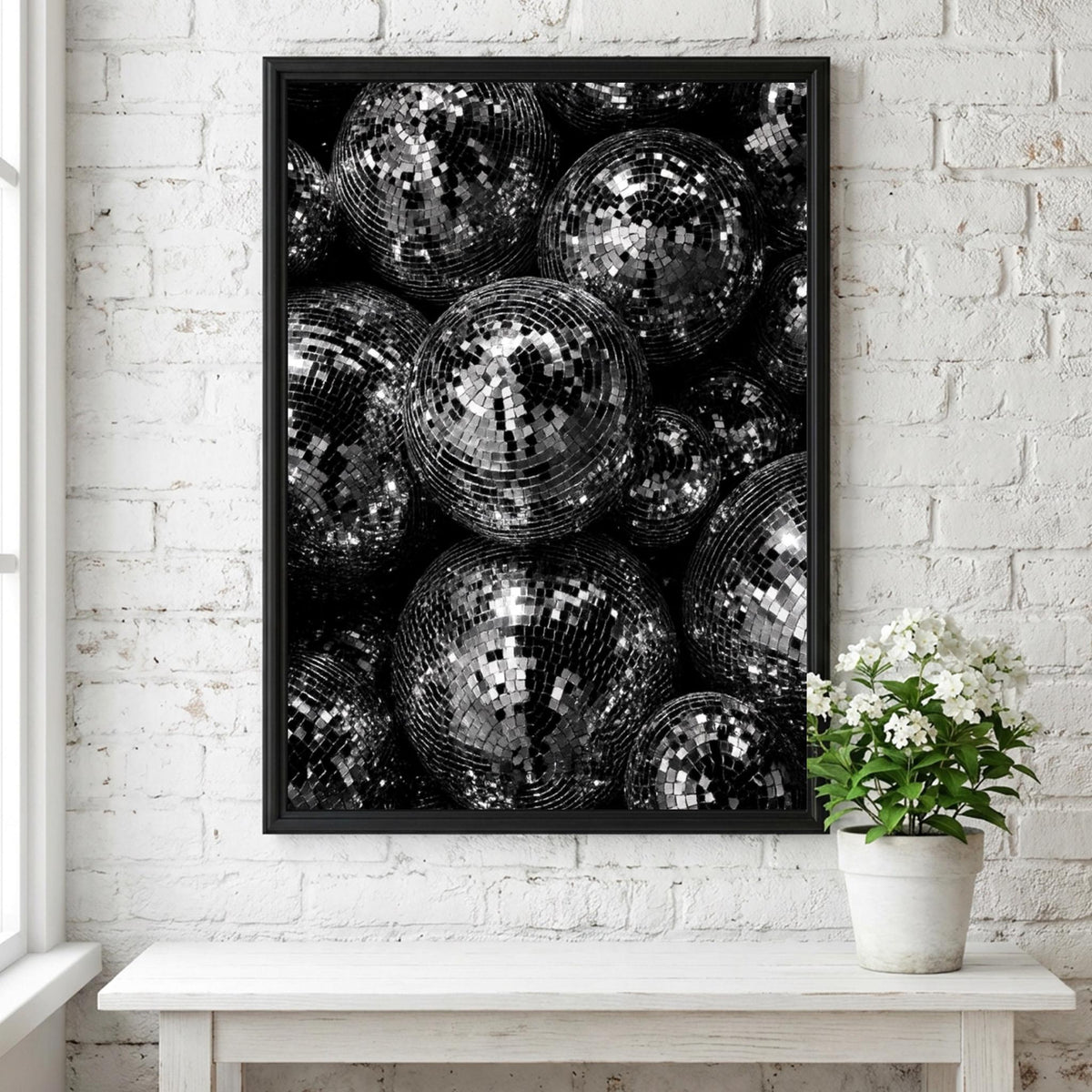 Mirror Ball Mood Black & White Minimalist Disco Wall Art | Modern Retro Party Decor | Aesthetic Nightlife Poster Print