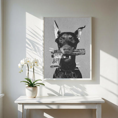 Rebel Doberman Black & White Minimalist Dog Wall Art | Modern Edgy Animal Decor | Powerful Portrait Poster Print