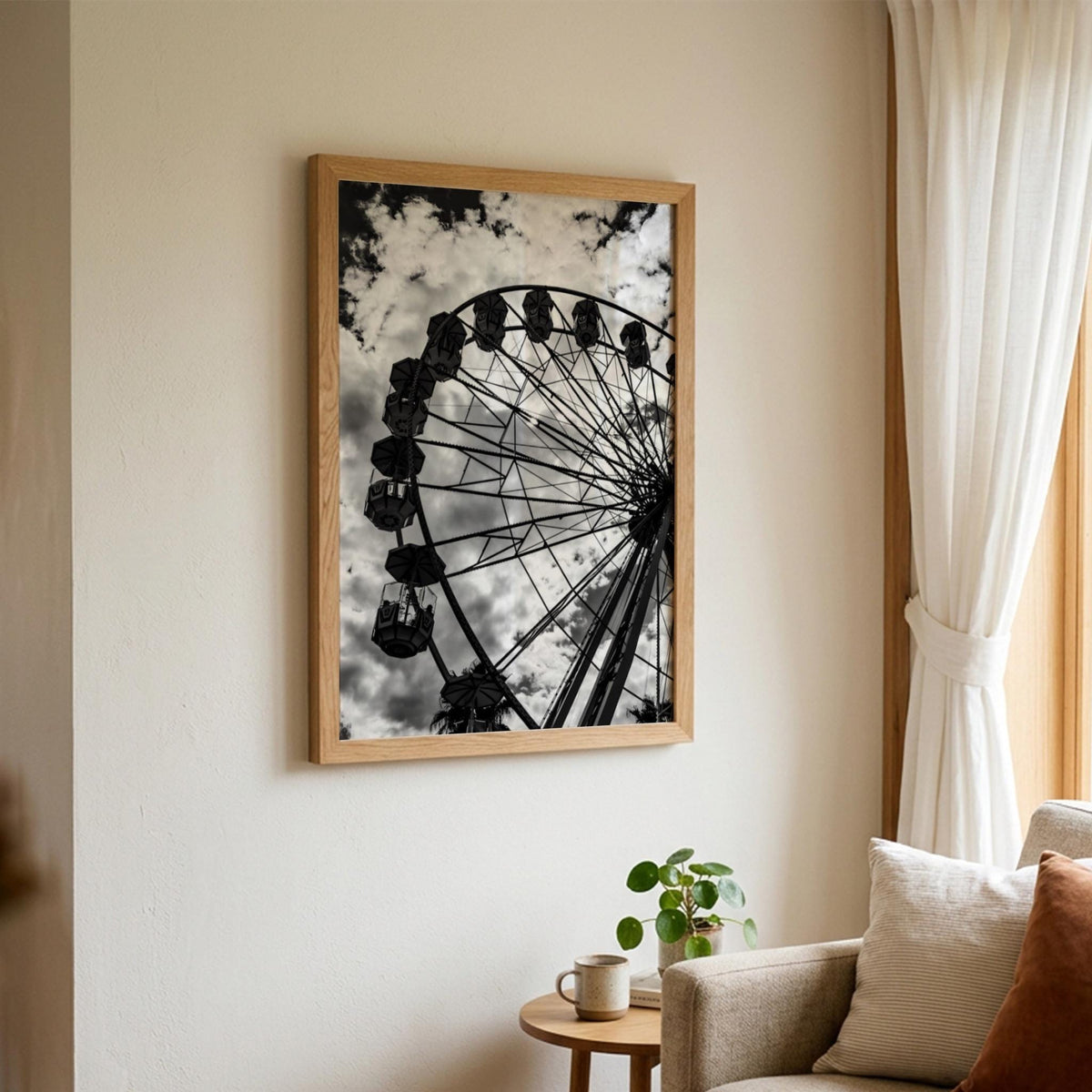 Sky Wheel Black & White Minimalist City Wall Art | Modern Ferris Wheel Decor | Urban Aesthetic Poster Print