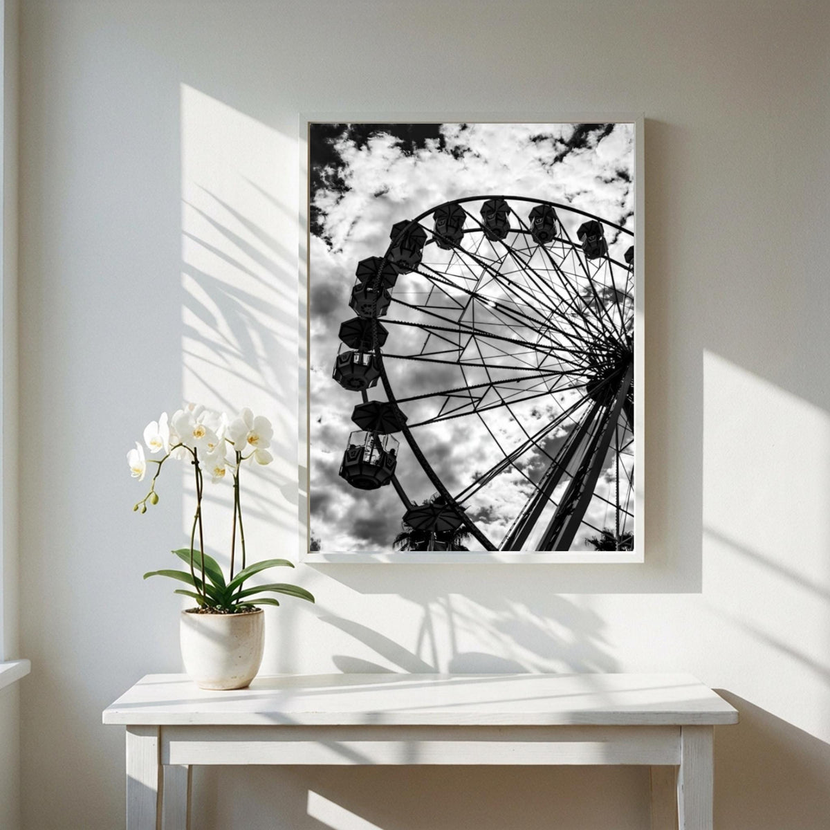 Sky Wheel Black & White Minimalist City Wall Art | Modern Ferris Wheel Decor | Urban Aesthetic Poster Print
