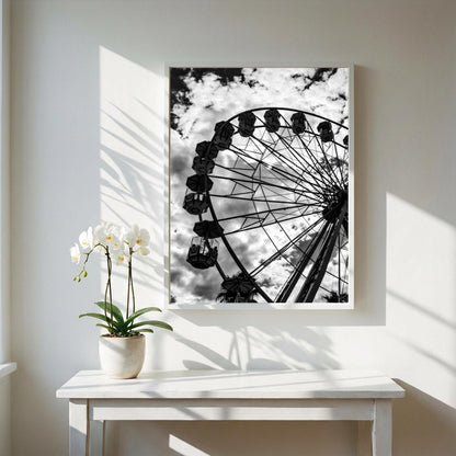 Sky Wheel Black & White Minimalist City Wall Art | Modern Ferris Wheel Decor | Urban Aesthetic Poster Print