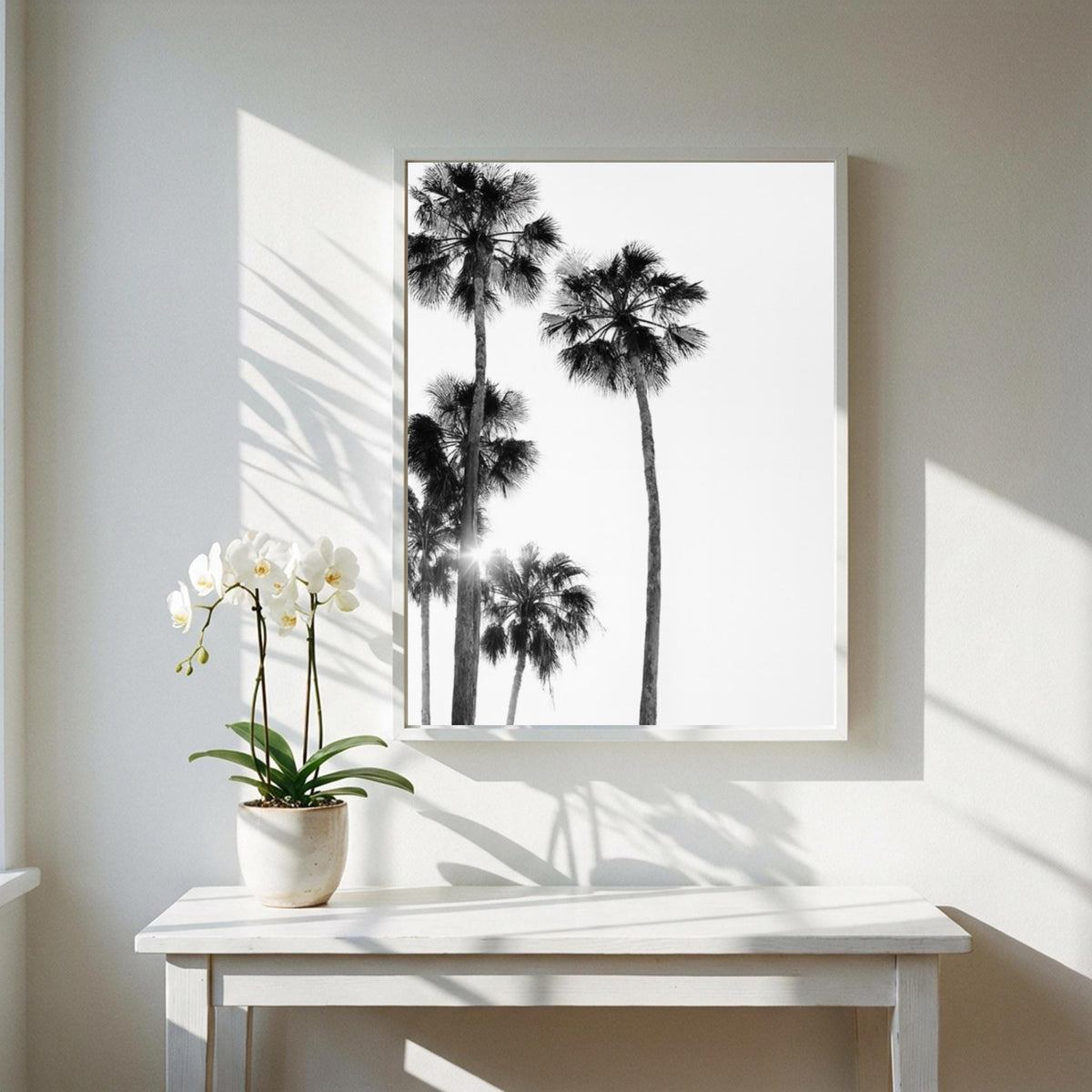 Sunlit Palms Black & White Minimalist Coastal Wall Art | Modern Tropical Decor | Aesthetic Nature Poster Print