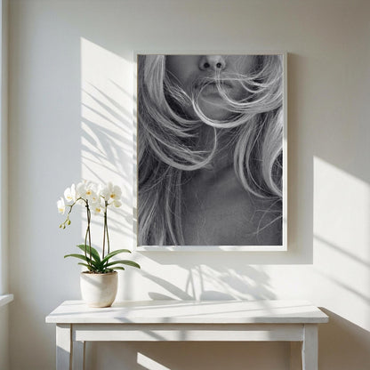 Windblown Blonde Black & White Minimalist Portrait Wall Art | Modern Fashion Aesthetic Decor | Elegant Beauty Poster Print