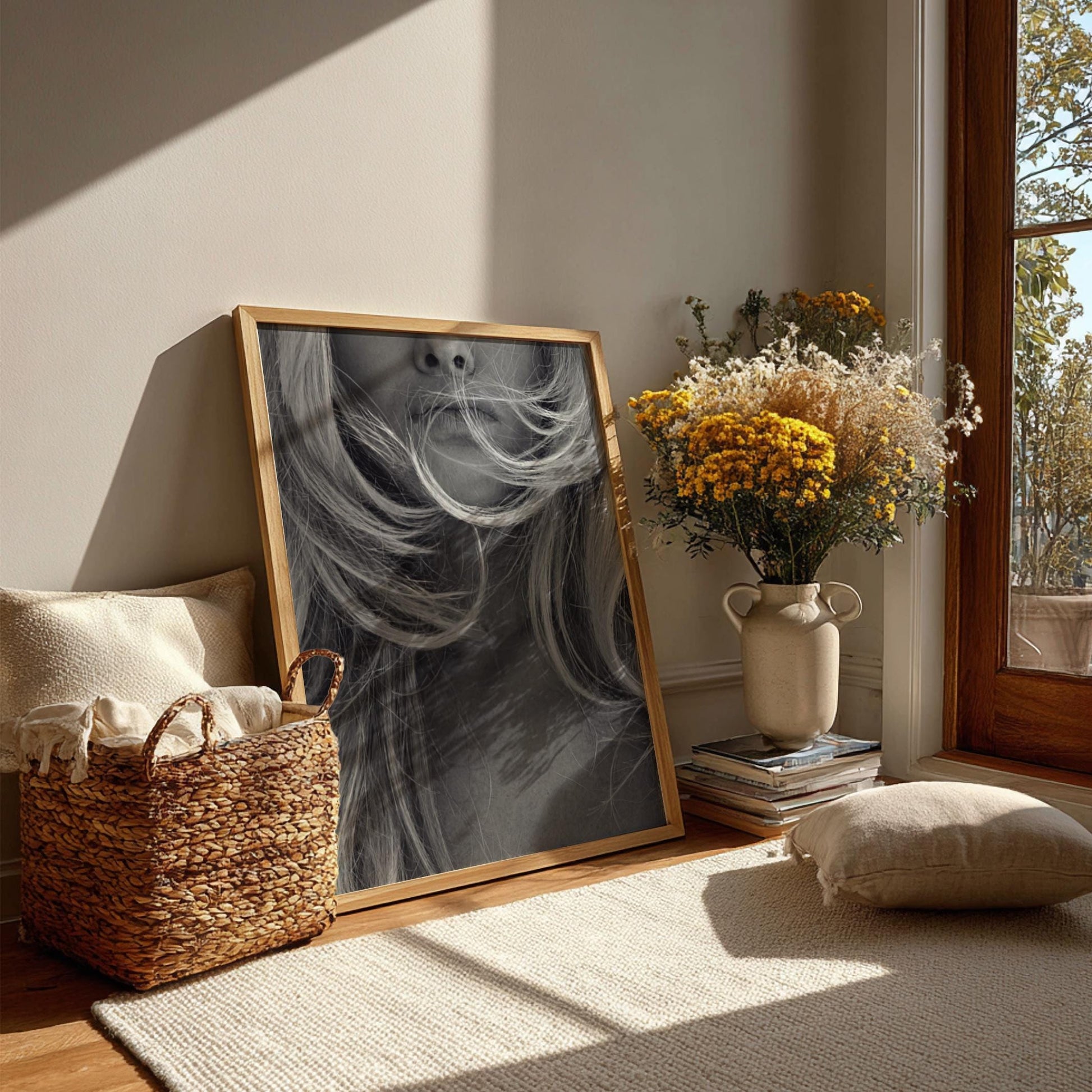 Windblown Blonde Black & White Minimalist Portrait Wall Art | Modern Fashion Aesthetic Decor | Elegant Beauty Poster Print