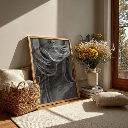 Windblown Blonde Black & White Minimalist Portrait Wall Art | Modern Fashion Aesthetic Decor | Elegant Beauty Poster Print