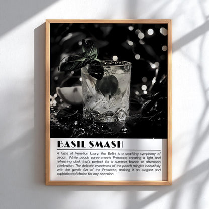 Basil Smash Black & White Poster | Minimalist Cocktail Wall Art | Modern Bar Decor | Classic Drink Print | Kitchen Wall Art