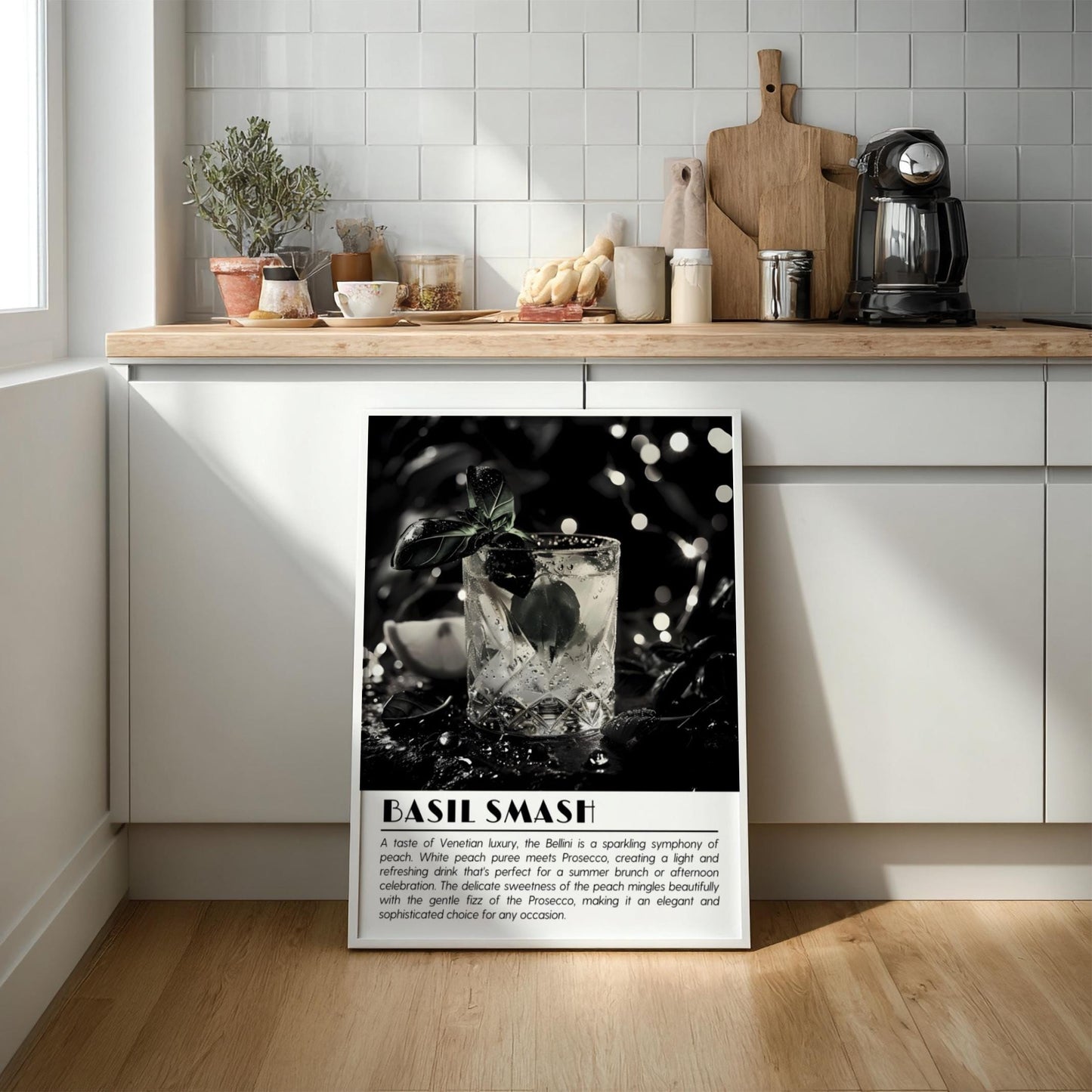 Basil Smash Black & White Poster | Minimalist Cocktail Wall Art | Modern Bar Decor | Classic Drink Print | Kitchen Wall Art