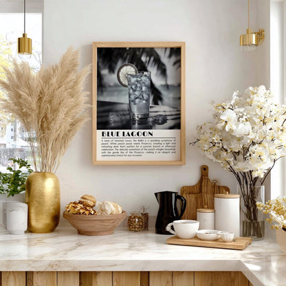Blue Lagoon Black & White Poster | Minimalist Cocktail Wall Art | Modern Bar Decor | Tropical Drink Print | Kitchen Wall Art