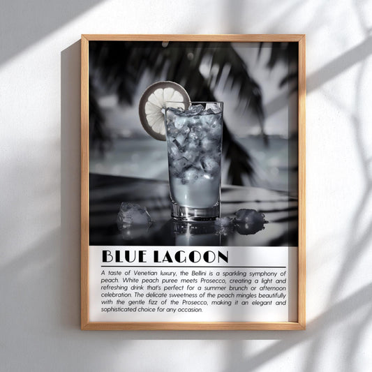 Blue Lagoon Black & White Poster | Minimalist Cocktail Wall Art | Modern Bar Decor | Tropical Drink Print | Kitchen Wall Art