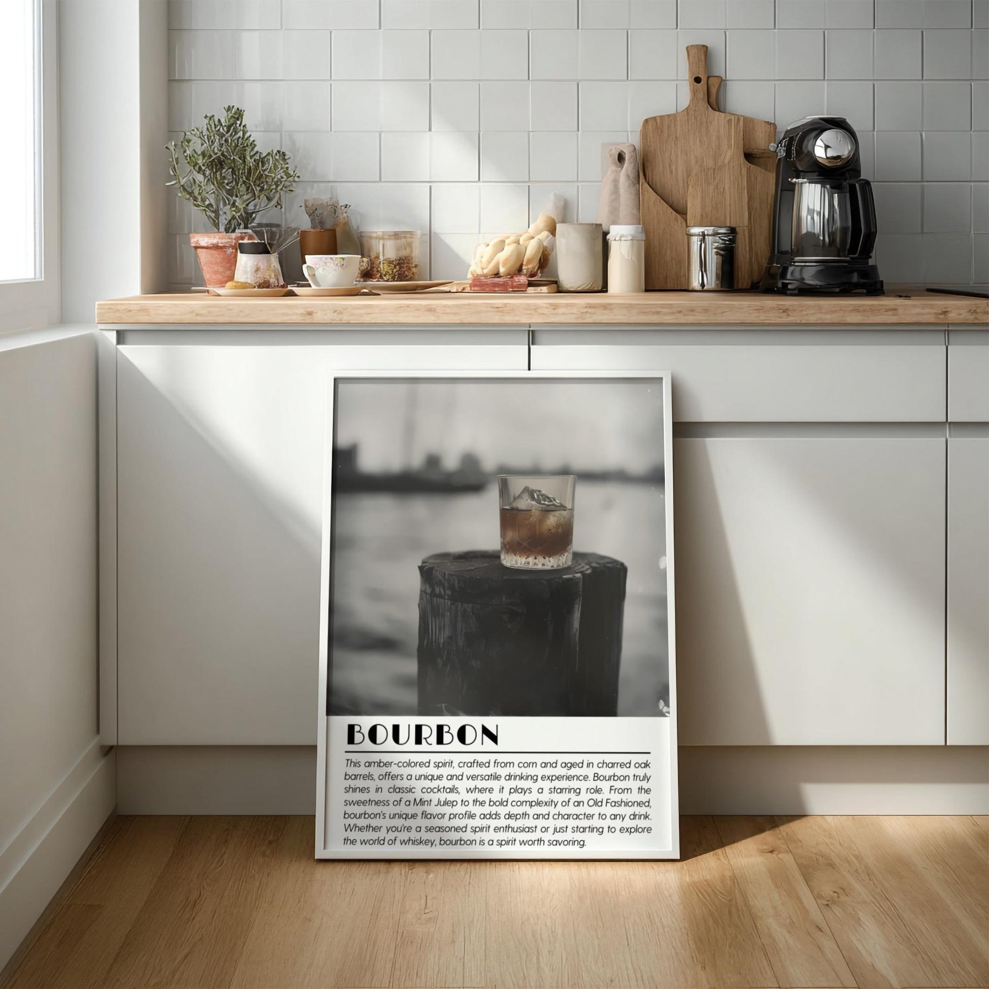 Bourbon Black & White Poster | Minimalist Whiskey Wall Art | Modern Bar Decor | Classic Drink Print | Kitchen Wall Art
