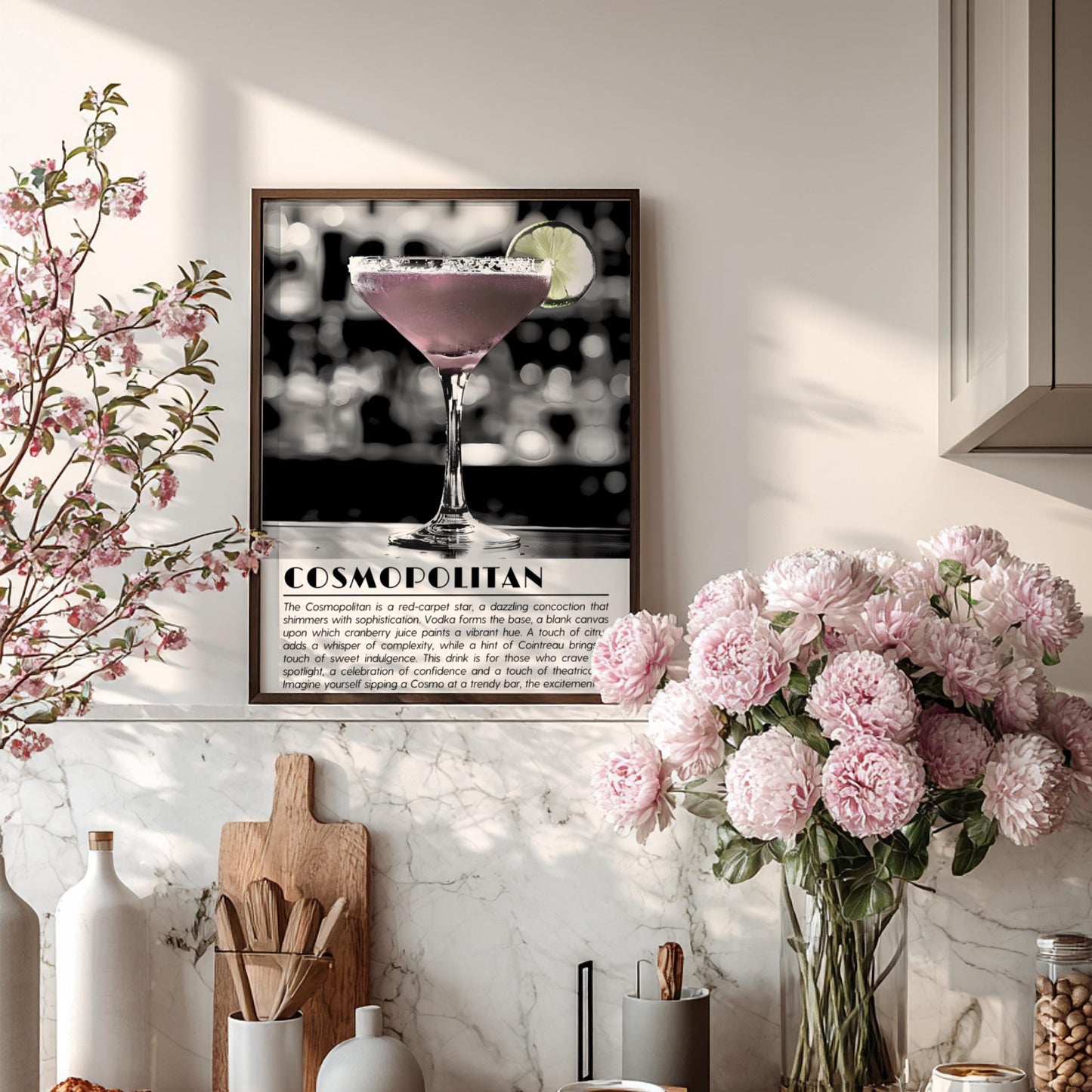 Cosmopolitan Black & White Art Print | Minimal Drink Illustration Poster | Modern Bar Wall Decor | Elegant Cocktail Design
