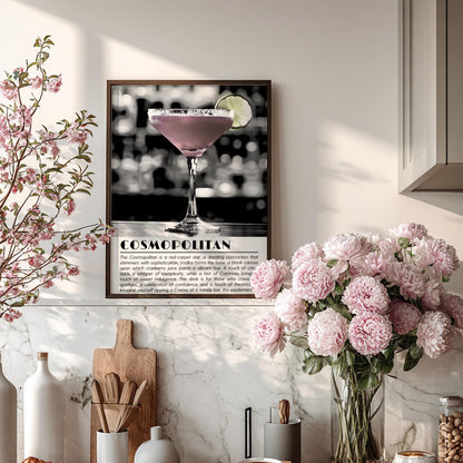 Cosmopolitan Black & White Art Print | Minimal Drink Illustration Poster | Modern Bar Wall Decor | Elegant Cocktail Design