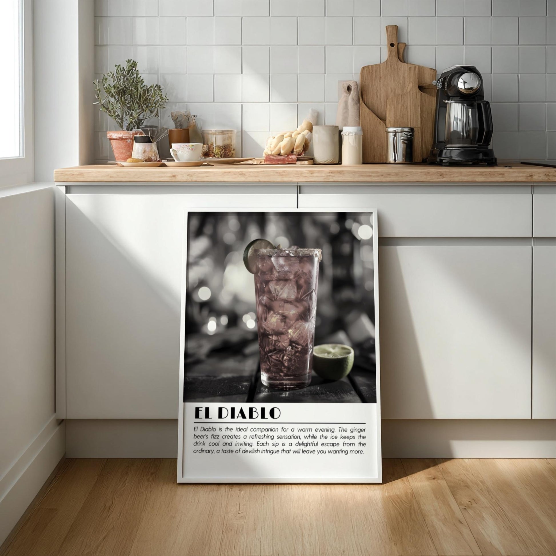 El Diablo Black & White Poster | Minimalist Cocktail Wall Art | Modern Bar Decor | Classic Drink Print | Kitchen Wall Art