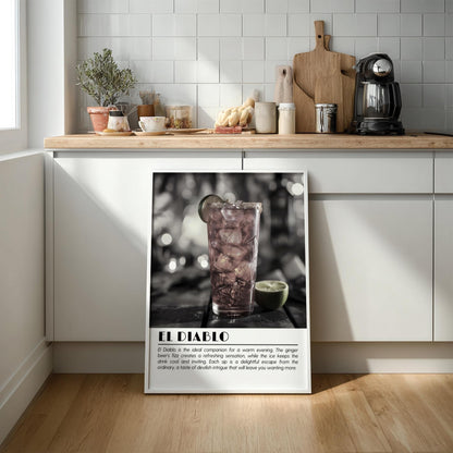 El Diablo Black & White Poster | Minimalist Cocktail Wall Art | Modern Bar Decor | Classic Drink Print | Kitchen Wall Art