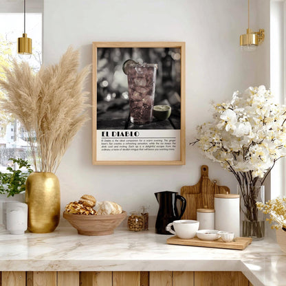 El Diablo Black & White Poster | Minimalist Cocktail Wall Art | Modern Bar Decor | Classic Drink Print | Kitchen Wall Art