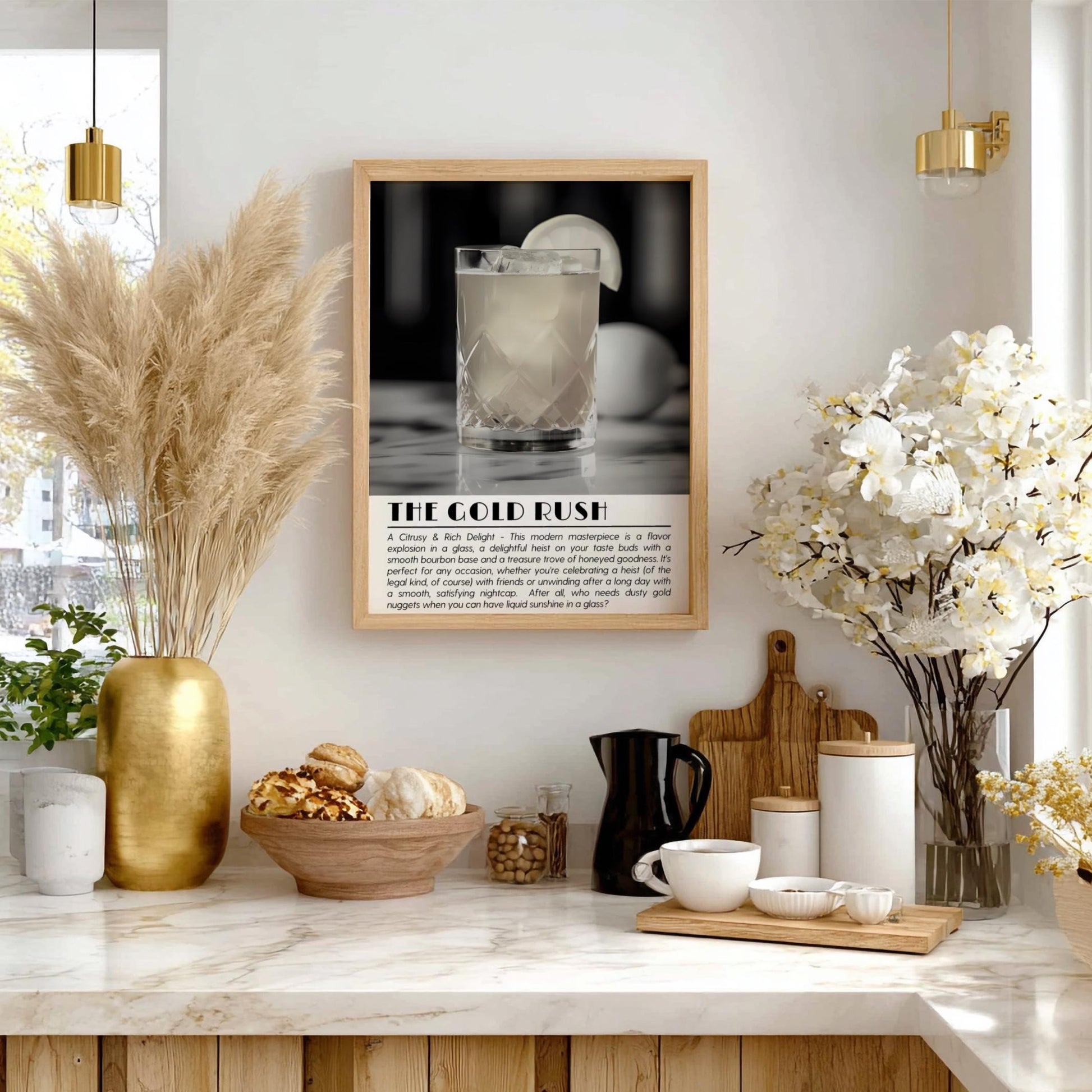 Gold Rush Black & White Poster | Minimalist Cocktail Wall Art | Modern Bar Decor | Classic Drink Print | Kitchen Wall Art