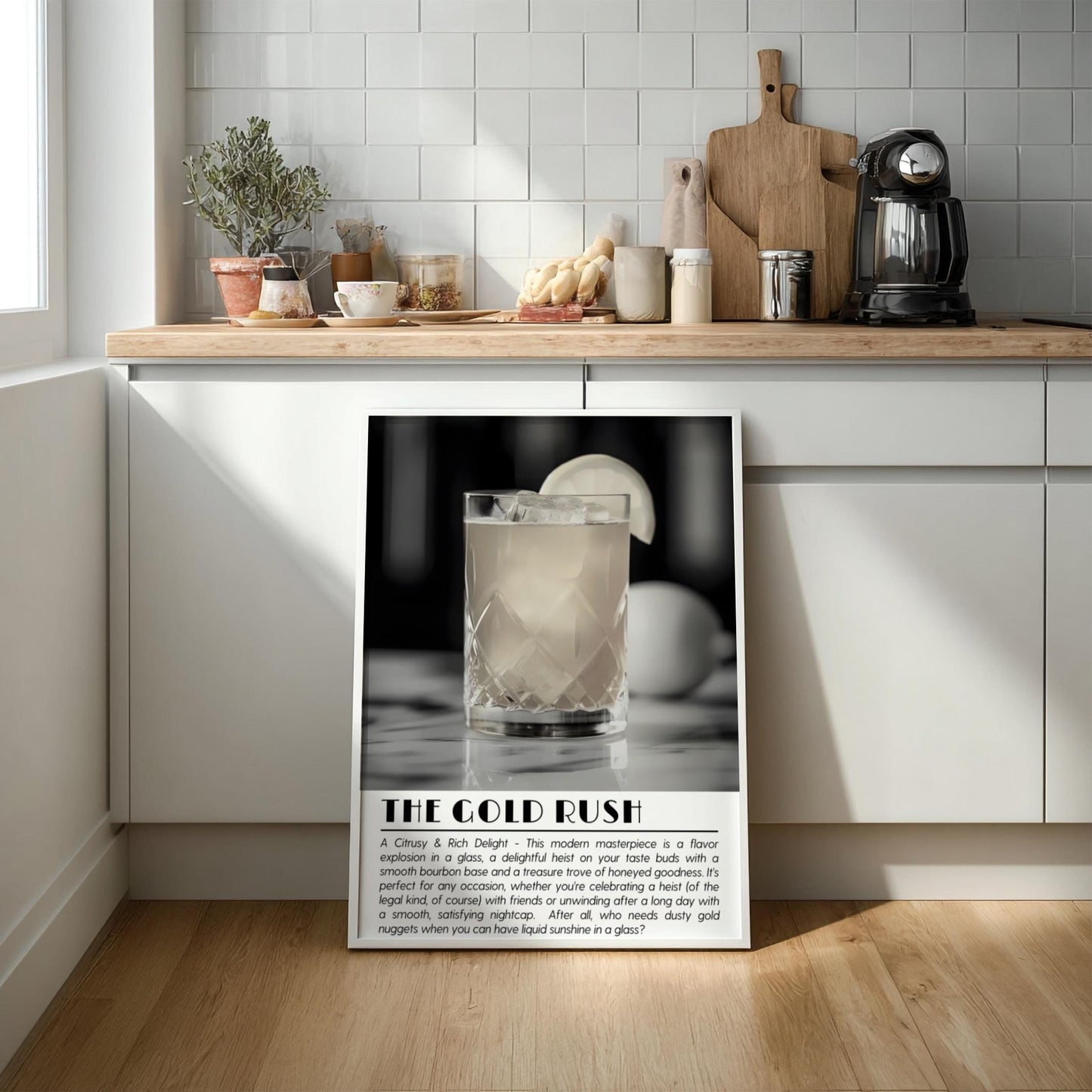 Gold Rush Black & White Poster | Minimalist Cocktail Wall Art | Modern Bar Decor | Classic Drink Print | Kitchen Wall Art