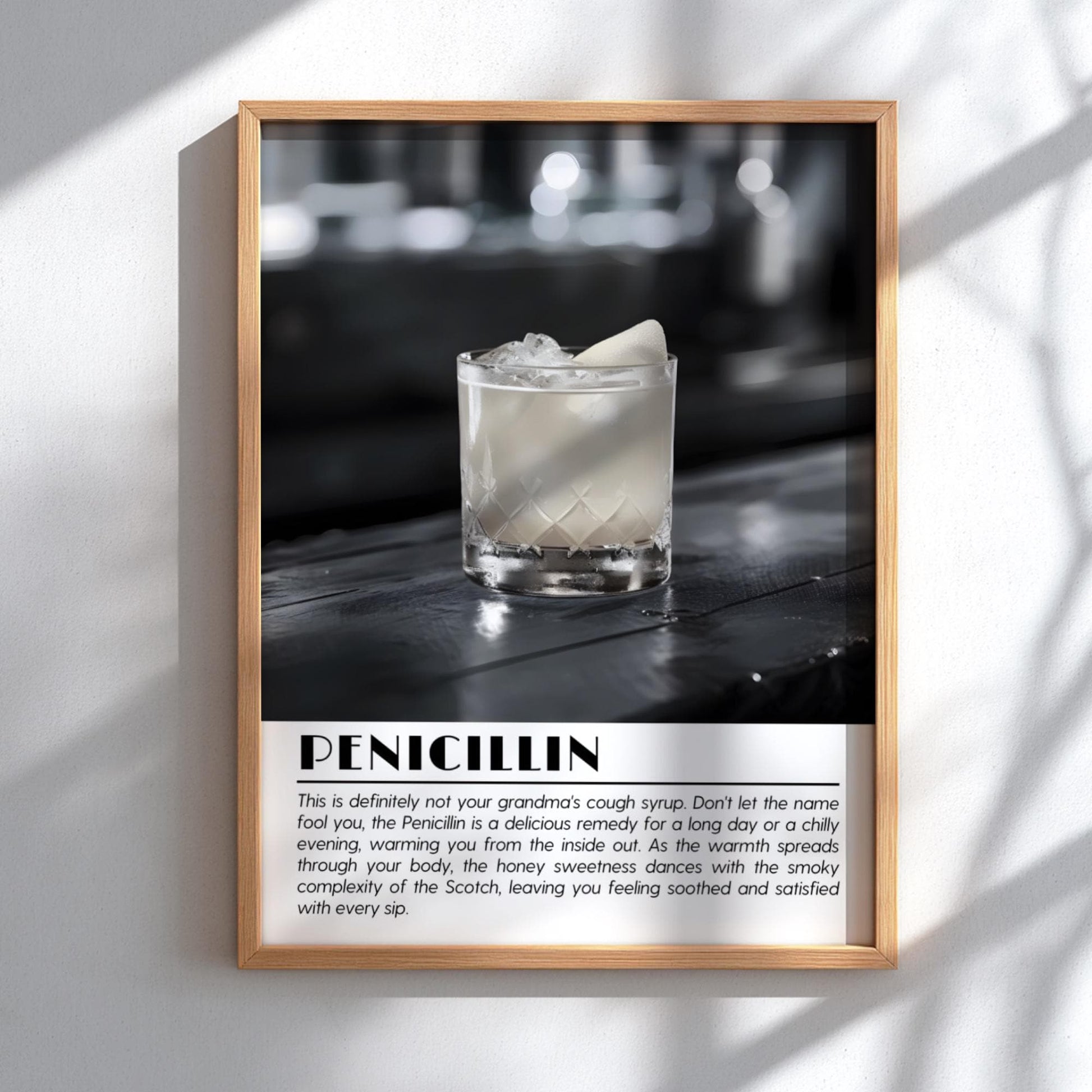 Penicillin Black & White Poster | Minimalist Cocktail Wall Art | Modern Bar Decor | Classic Drink Print | Kitchen Wall Art