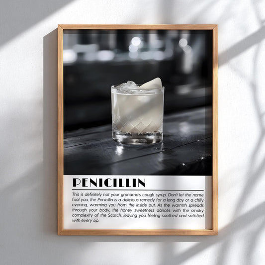 Penicillin Black & White Poster | Minimalist Cocktail Wall Art | Modern Bar Decor | Classic Drink Print | Kitchen Wall Art