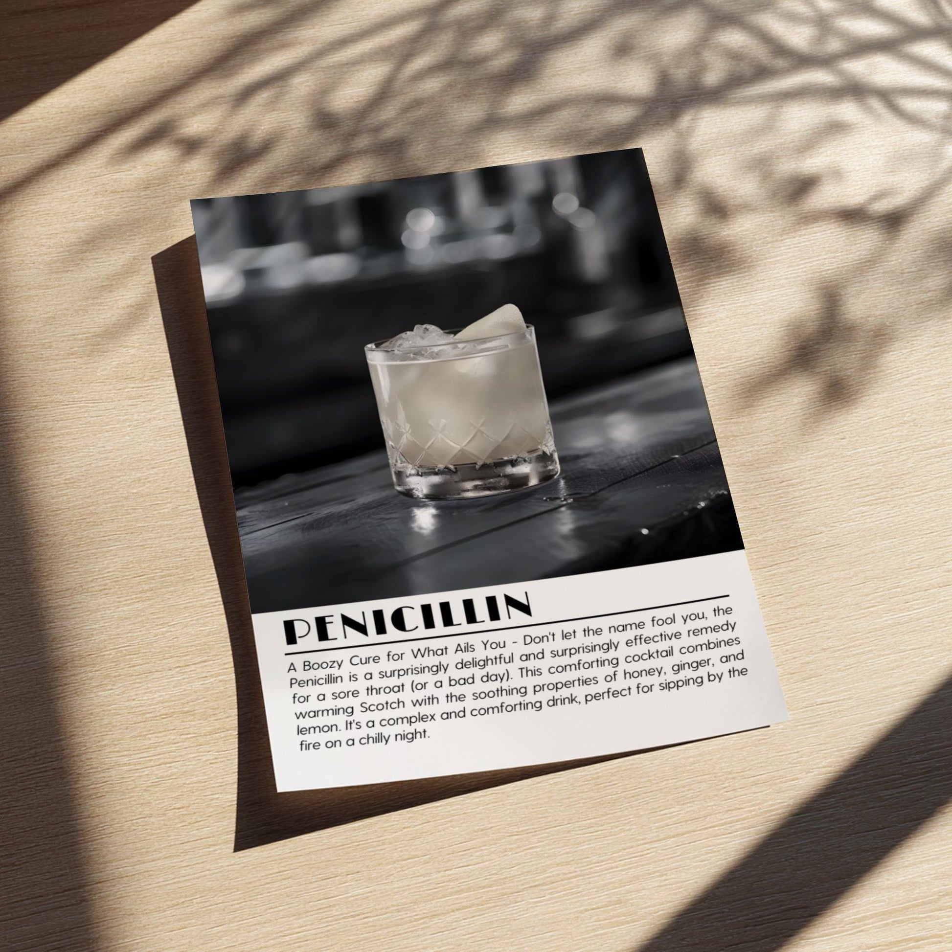 Penicillin 2 Black & White Poster | Minimalist Cocktail Wall Art | Modern Bar Decor | Bold Drink Print | Kitchen Wall Art