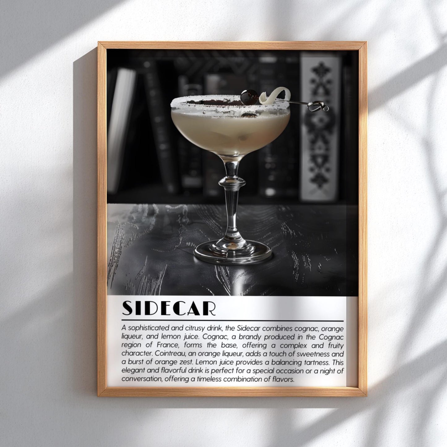 Sidecar Vintage Black & White Poster | Minimal Cocktail Art Print | Modern Bar Wall Decor | Elegant Drink Illustration | Kitchen Art
