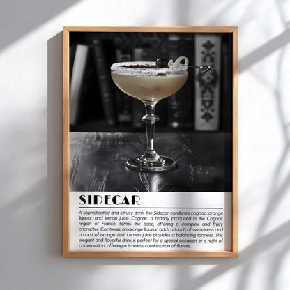 Sidecar Vintage Black & White Poster | Minimal Cocktail Art Print | Modern Bar Wall Decor | Elegant Drink Illustration | Kitchen Art