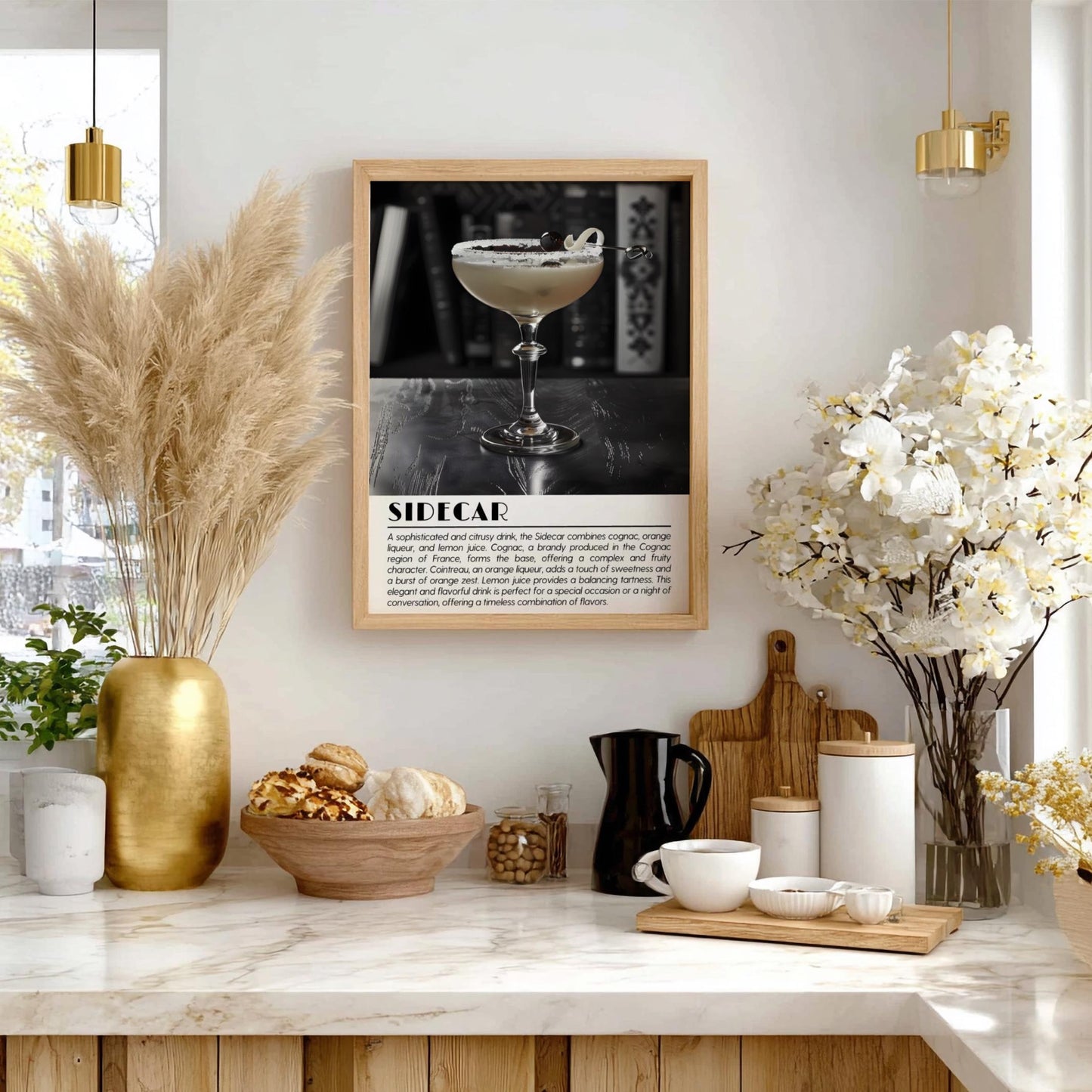Sidecar Vintage Black & White Poster | Minimal Cocktail Art Print | Modern Bar Wall Decor | Elegant Drink Illustration | Kitchen Art