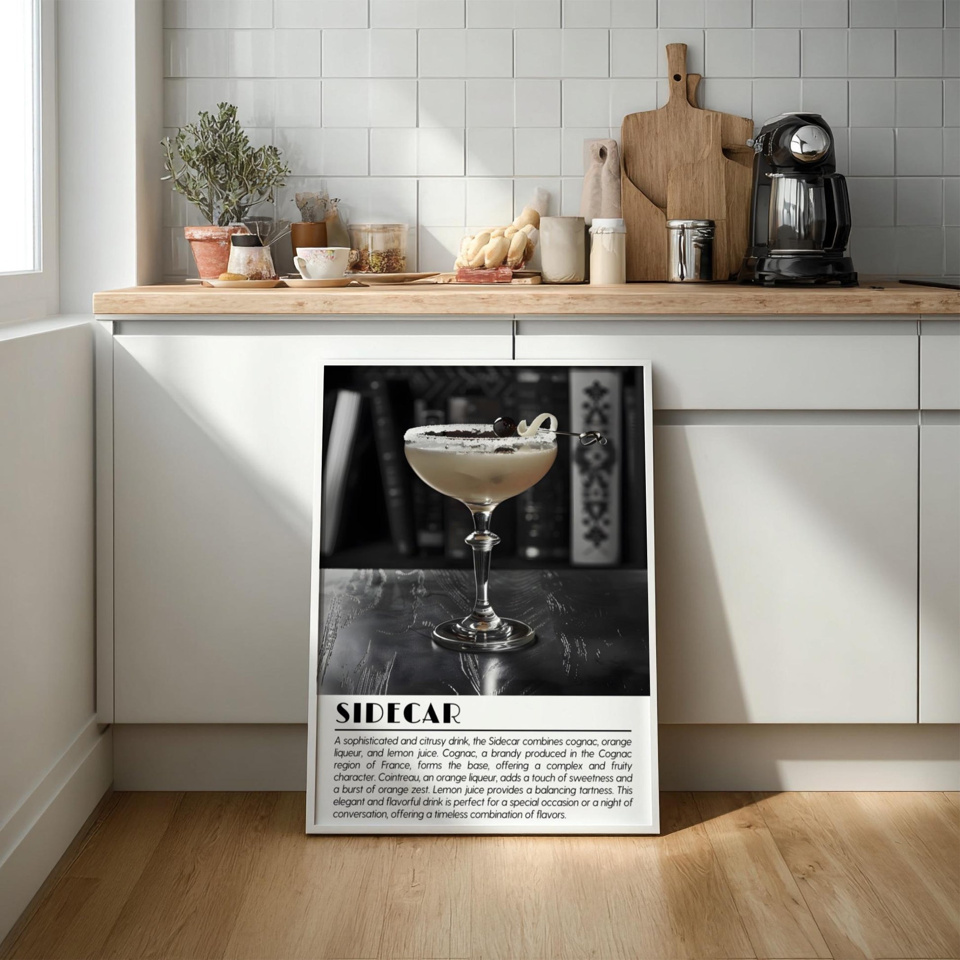 Sidecar Vintage Black & White Poster | Minimal Cocktail Art Print | Modern Bar Wall Decor | Elegant Drink Illustration | Kitchen Art