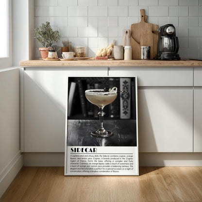 Sidecar Vintage Black & White Poster | Minimal Cocktail Art Print | Modern Bar Wall Decor | Elegant Drink Illustration | Kitchen Art
