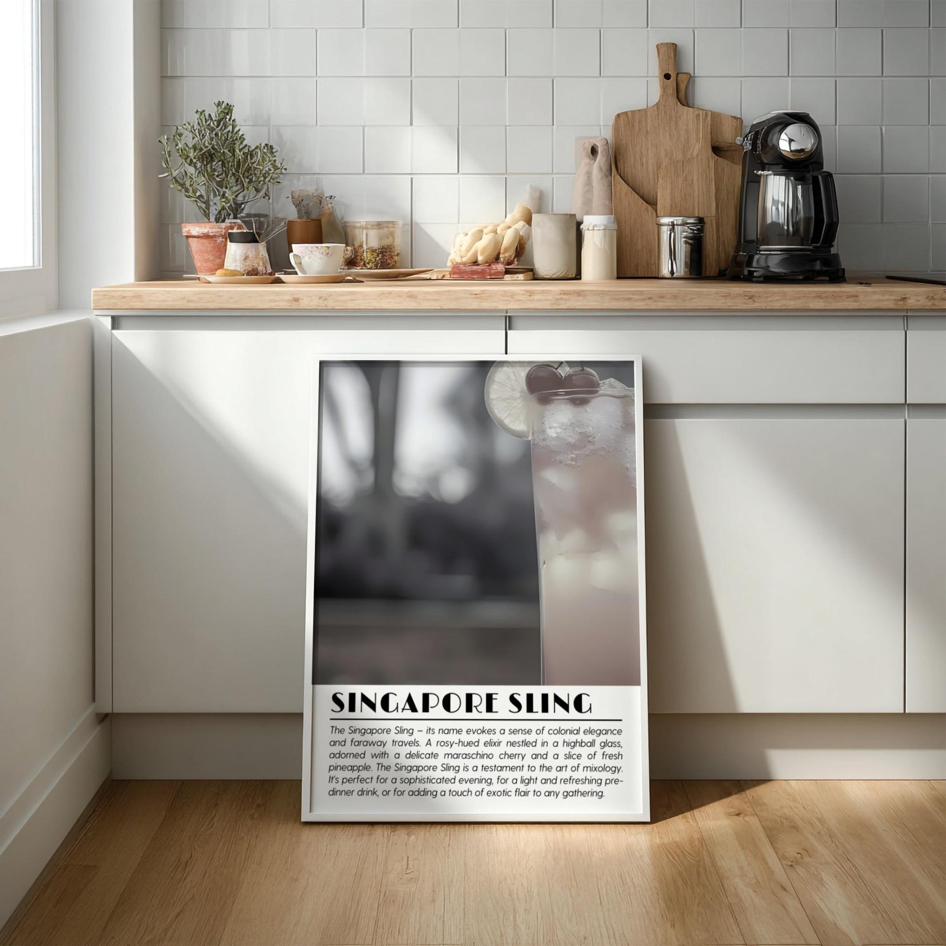 Singapore Sling Tropical Black & White Poster | Minimalist Cocktail Wall Art | Modern Bar Decor | Exotic Drink Print | Kitchen Art