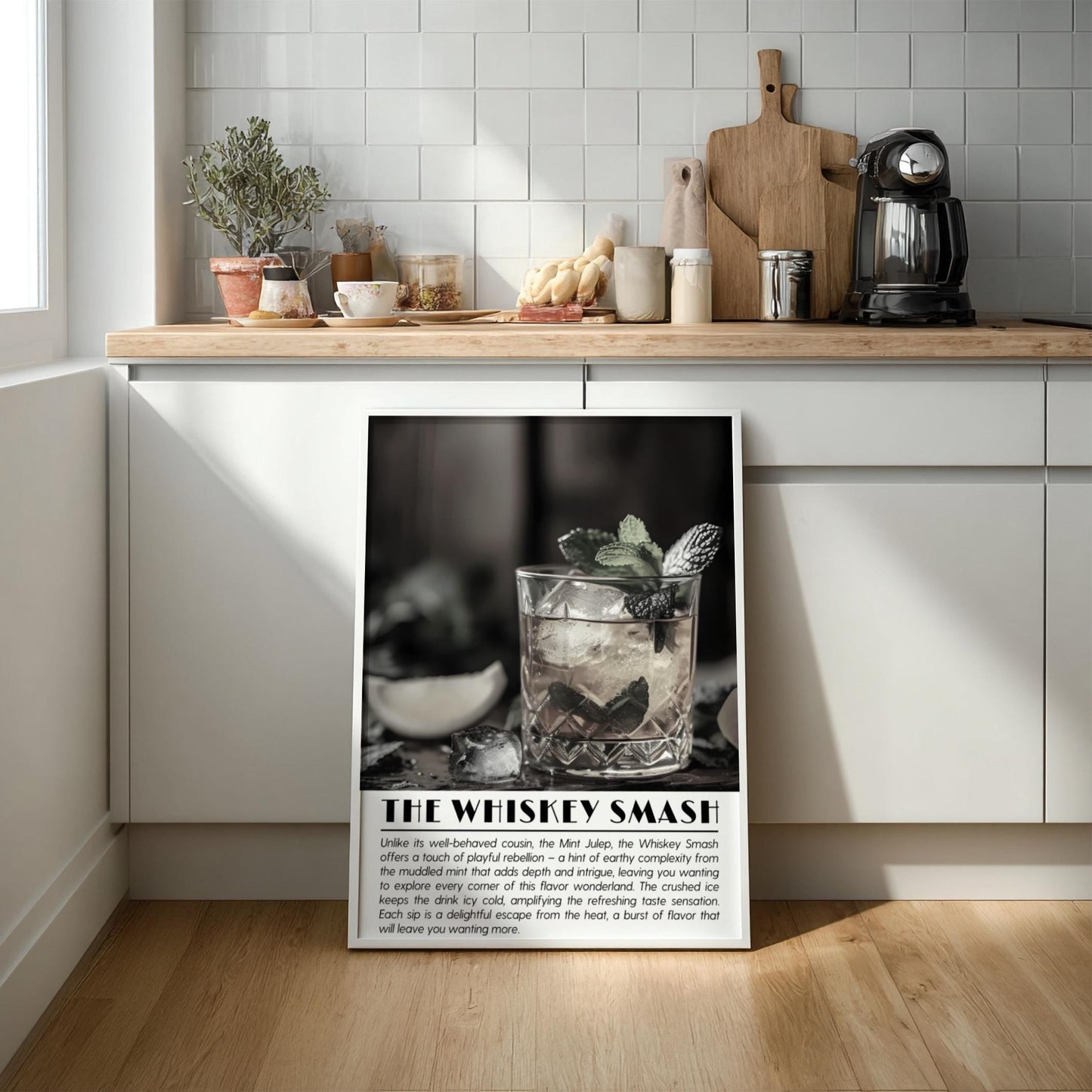 Whiskey Smash Black & White Poster | Minimalist Cocktail Wall Art | Modern Bar Decor | Classic Drink Print | Kitchen Art