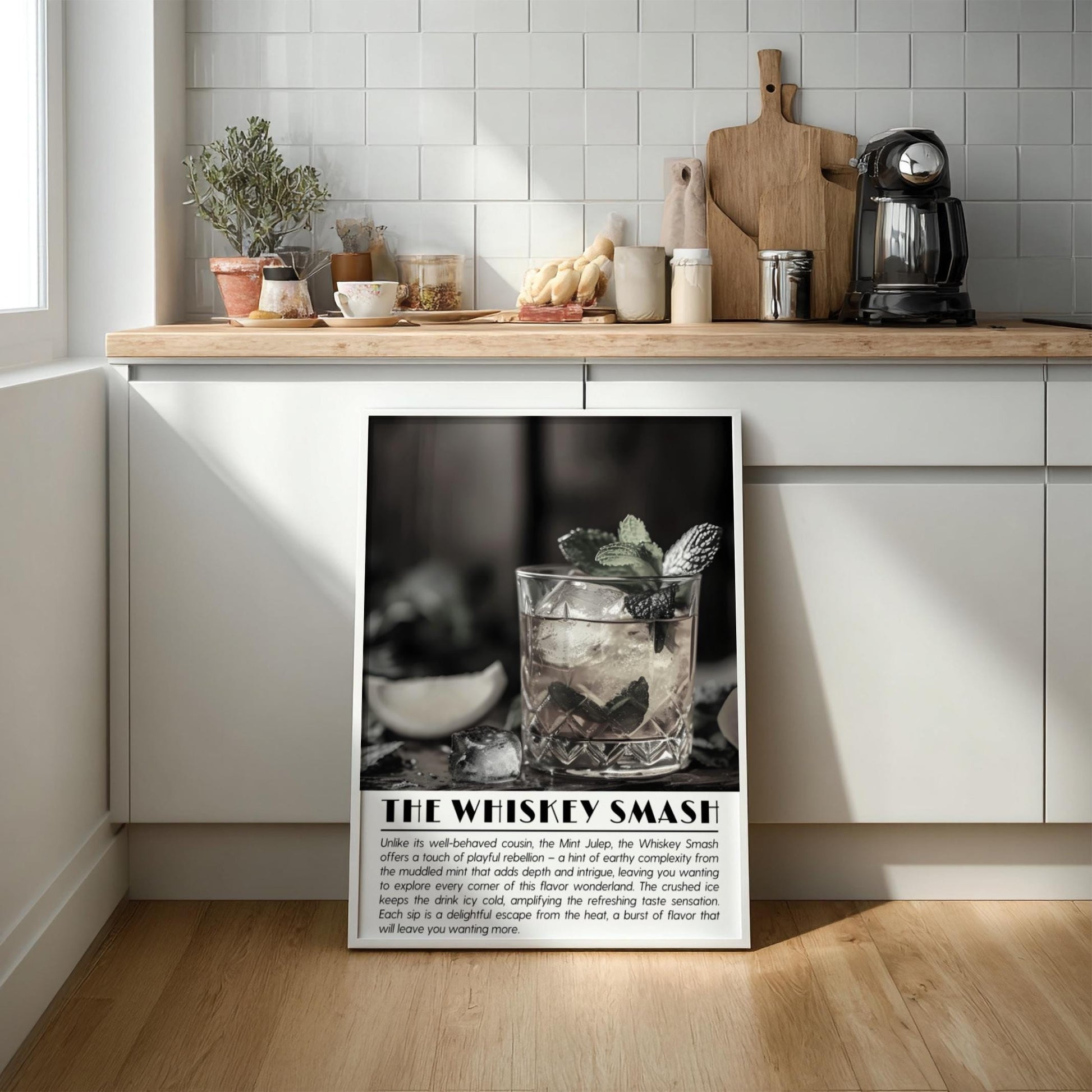 Whiskey Smash Black & White Poster | Minimalist Cocktail Wall Art | Modern Bar Decor | Classic Drink Print | Kitchen Art