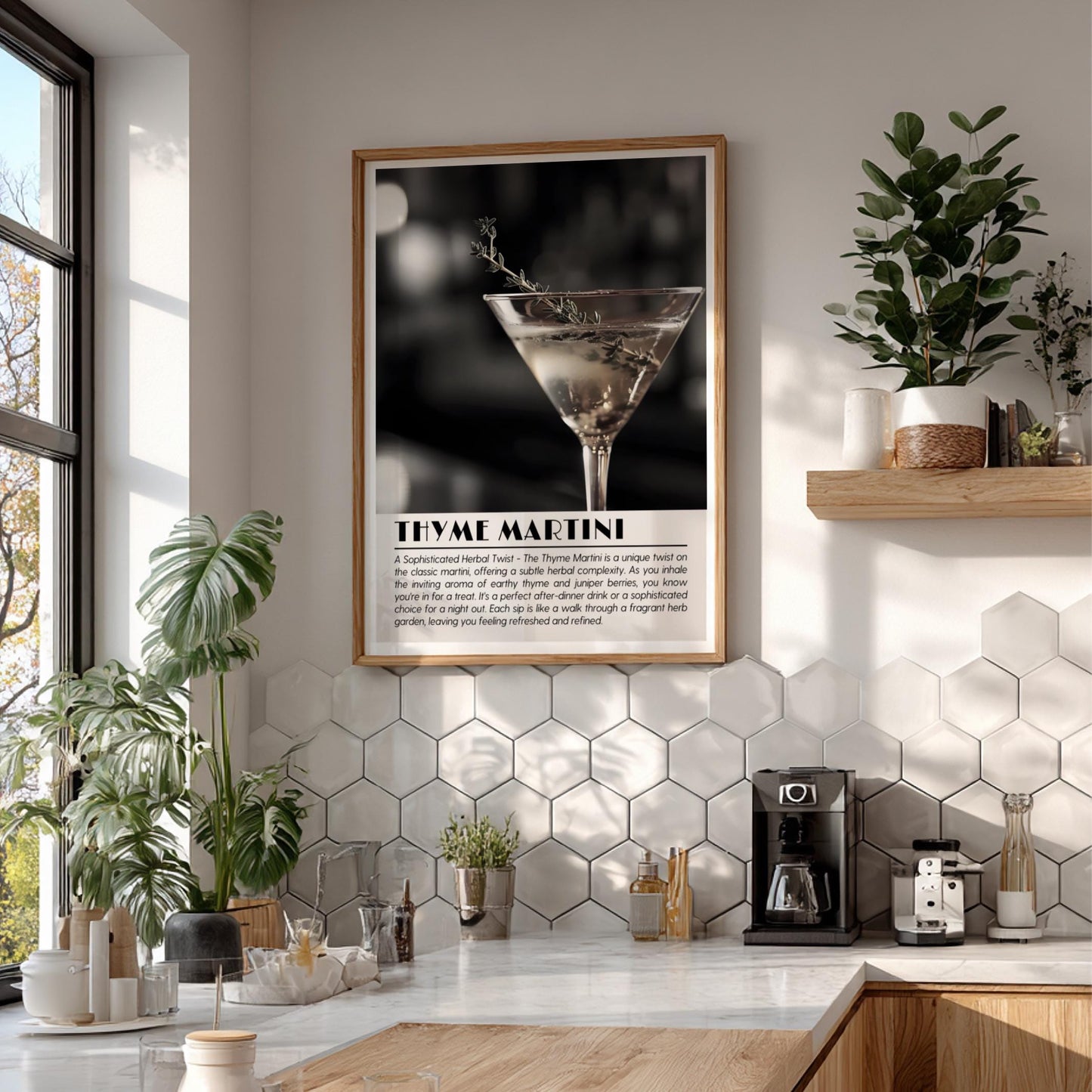 Thyme Martini Botanical Black & White Poster | Minimalist Cocktail Wall Art | Modern Bar Decor | Elegant Drink Print | Kitchen Art