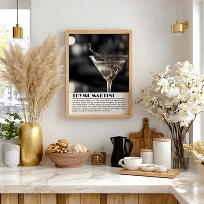 Thyme Martini Botanical Black & White Poster | Minimalist Cocktail Wall Art | Modern Bar Decor | Elegant Drink Print | Kitchen Art
