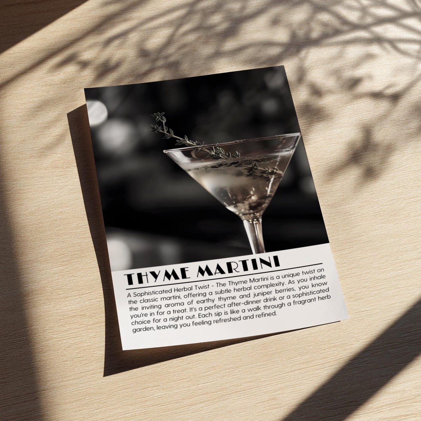 Thyme Martini Botanical Black & White Poster | Minimalist Cocktail Wall Art | Modern Bar Decor | Elegant Drink Print | Kitchen Art