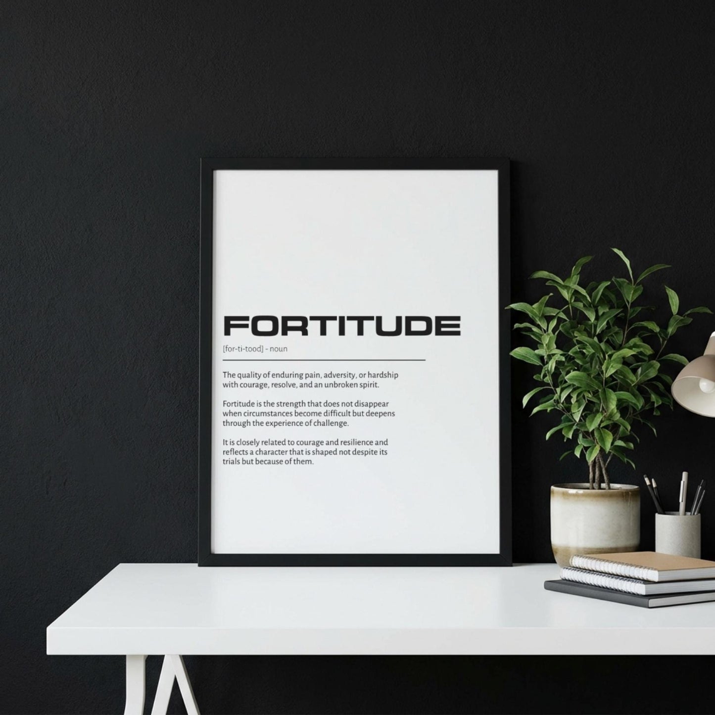 Fortitude Definition Wall Art | Clean Mental Strength Print | Minimalist Courage Poster | Modern Home Gallery Decor | White Typography Art