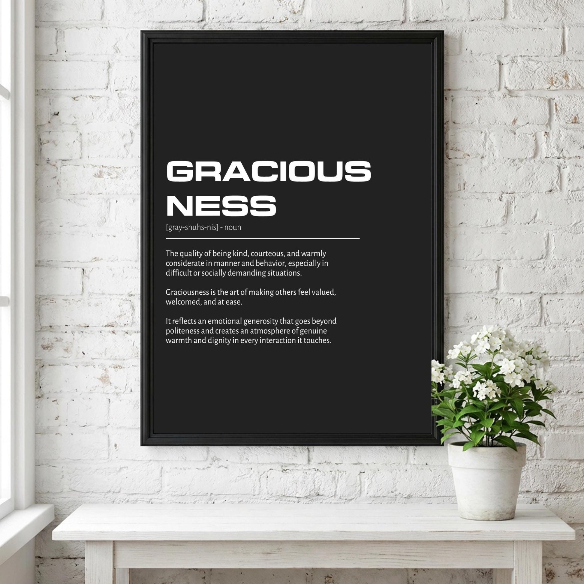 Graciousness Definition Wall Art | Bold Kindness & Poise Print | Minimalist Elegance Poster | Modern Home Gallery Decor | Dark Typography